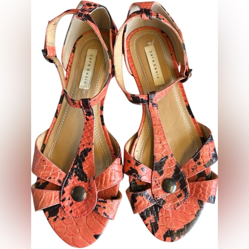 Zara Basic Women's Coral orange and Black snakeskin Strappy Sandals sz 37 Boho